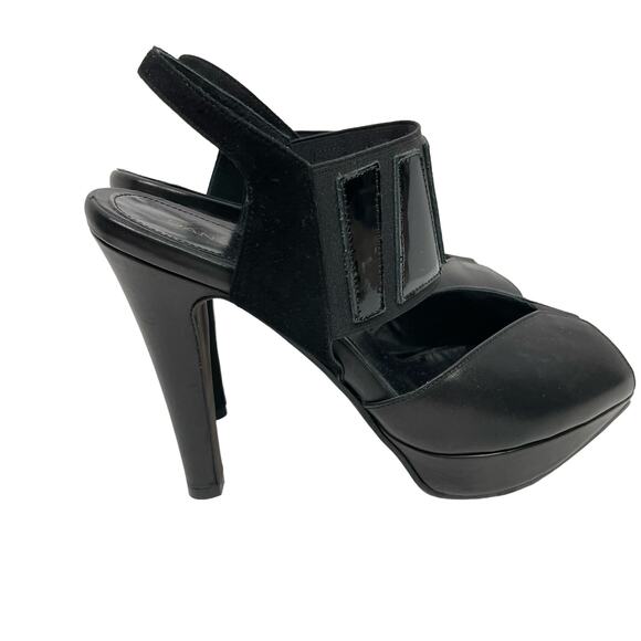 Dana Davis | Annie Black Leather Slingback Peep Toe Tall Heel Platform Sandals - Picture 1 of 9